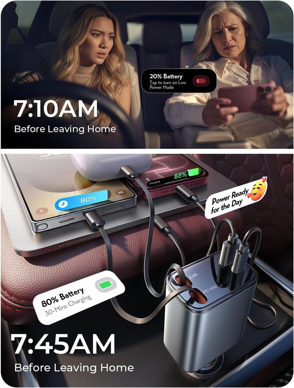 🏆2026 HOT SALE⚡ 30K+ SOLD! 🏆 Retractable Car Charger, 120W Car Charger USB C Fast Charge, 4 in 1