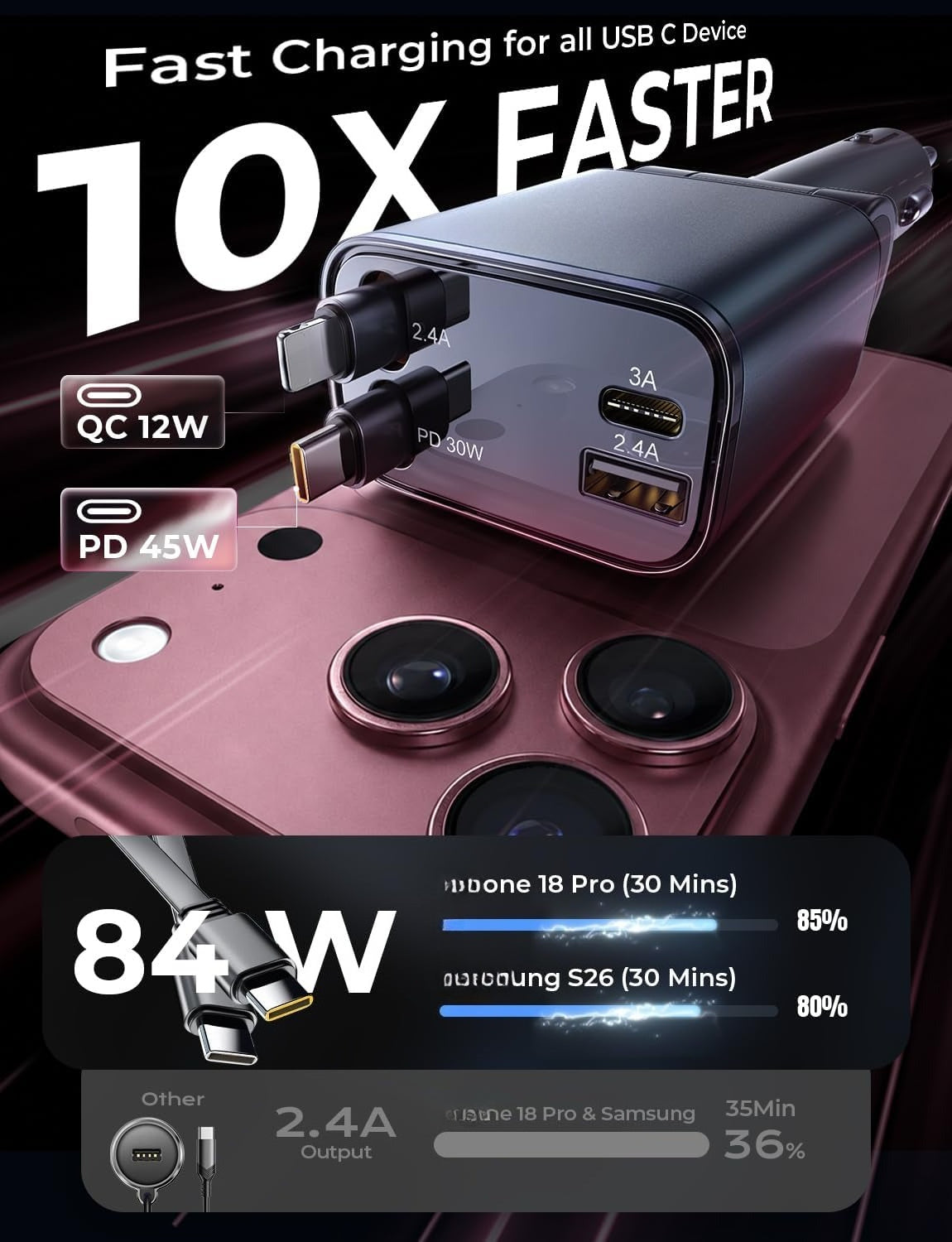 🏆2026 HOT SALE⚡ 30K+ SOLD! 🏆 Retractable Car Charger, 120W Car Charger USB C Fast Charge, 4 in 1
